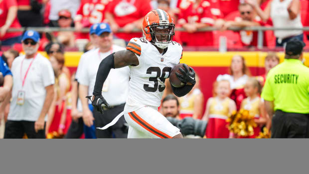 Aug 26, 2023; Kansas City, Missouri, USA; Cleveland Browns cornerback Caleb Biggers (39) returns an interception for a touchdown against the Kansas City Chiefs during the first half at GEHA Field at Arrowhead Stadium. Mandatory Credit: Jay Biggerstaff-USA TODAY Sports  